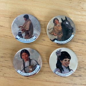 American Girl buttons 3 Kaya and 1 Samantha vintage doll book promo items